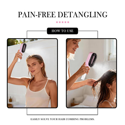 2-in-1 Manual Non-Electric Detangler Hair Brush with Built-In Mister Spray, Wet & Dry Detangling Brush for Curly, Wavy & Straight Hair, No-Tangle Anti-Frizz Brush，Reservoir 50ml.(Pink)