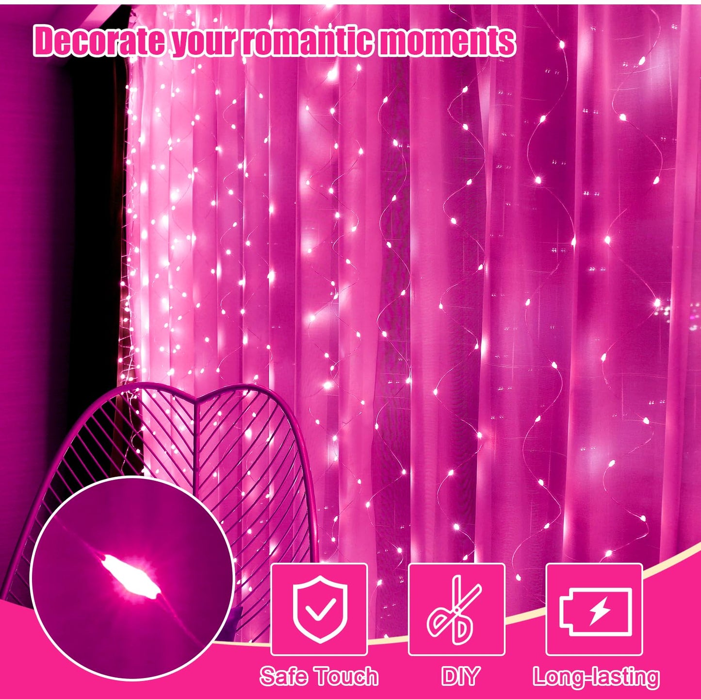 Pink Curtain Light for Bedroom, 300 LED 9.8ft x 9.8ft Window Fairy Curtain String Light with 16 Hooks, 8 Models Remote Control for Wedding Party Home Garden Indoor Decorations