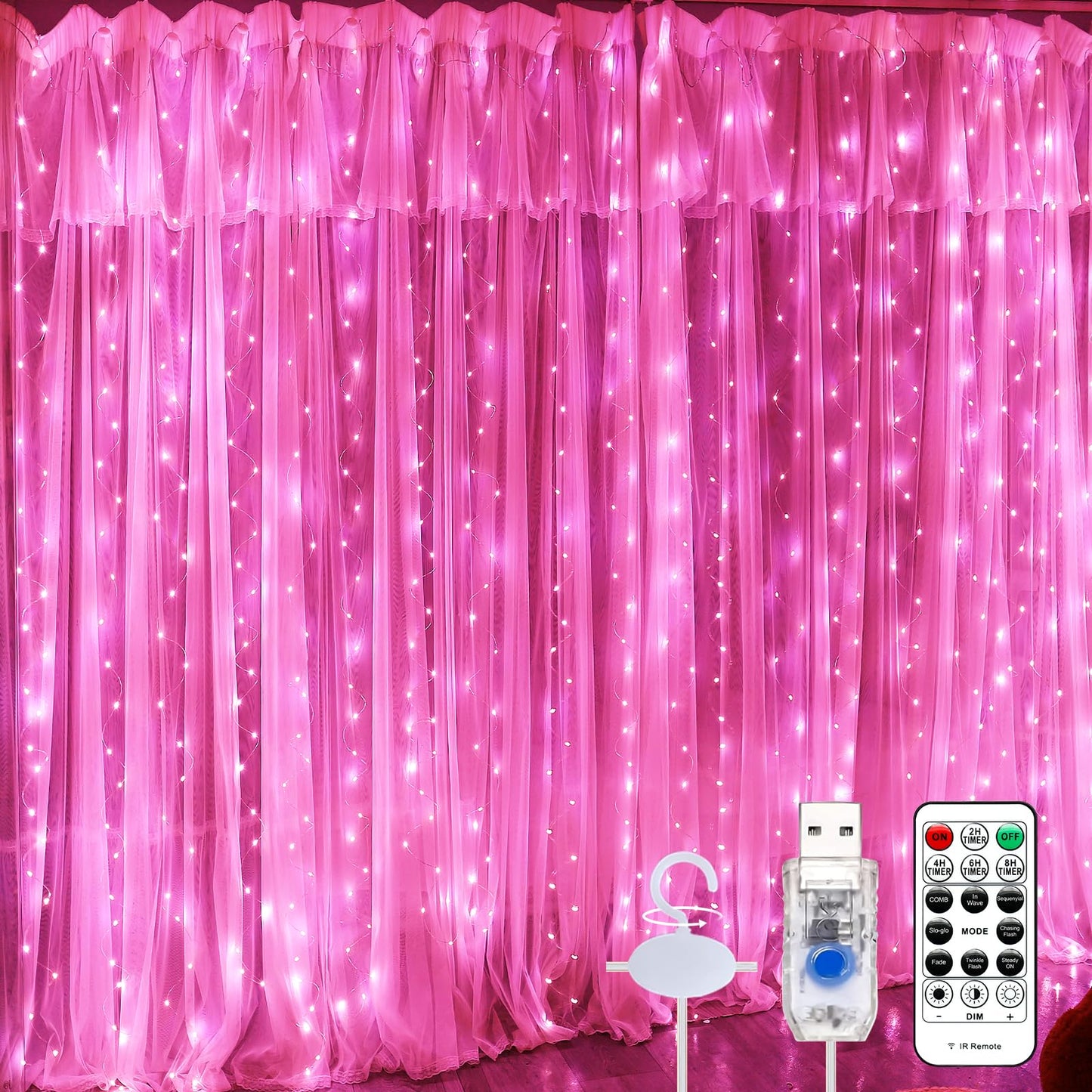 Pink Curtain Light for Bedroom, 300 LED 9.8ft x 9.8ft Window Fairy Curtain String Light with 16 Hooks, 8 Models Remote Control for Wedding Party Home Garden Indoor Decorations