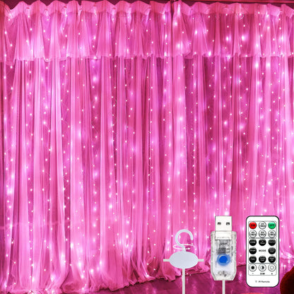 Pink Curtain Light for Bedroom, 300 LED 9.8ft x 9.8ft Window Fairy Curtain String Light with 16 Hooks, 8 Models Remote Control for Wedding Party Home Garden Indoor Decorations