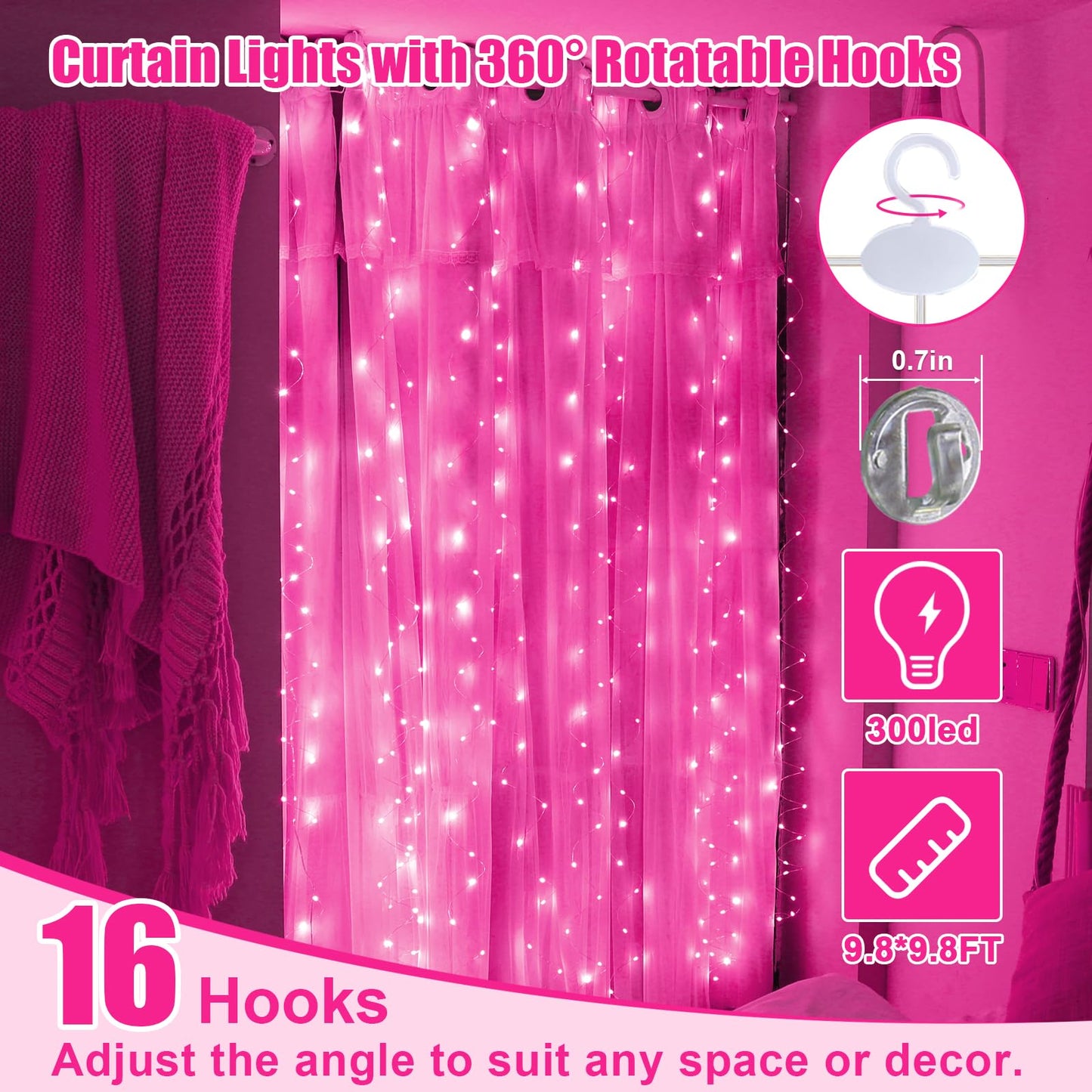 Pink Curtain Light for Bedroom, 300 LED 9.8ft x 9.8ft Window Fairy Curtain String Light with 16 Hooks, 8 Models Remote Control for Wedding Party Home Garden Indoor Decorations