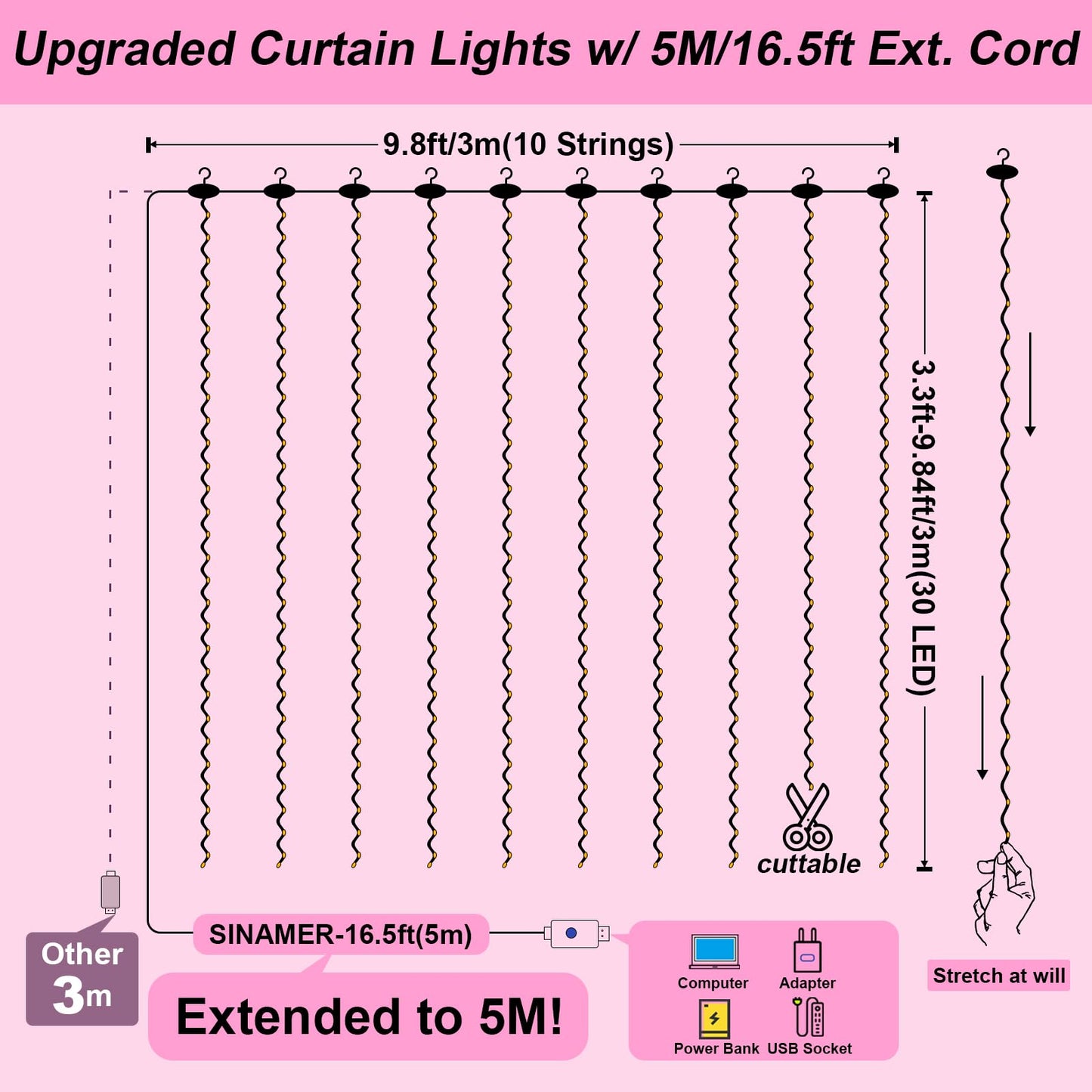 Pink Curtain Light for Bedroom, 300 LED 9.8ft x 9.8ft Window Fairy Curtain String Light with 16 Hooks, 8 Models Remote Control for Wedding Party Home Garden Indoor Decorations