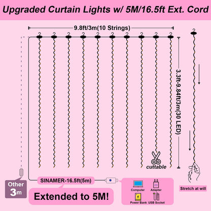 Pink Curtain Light for Bedroom, 300 LED 9.8ft x 9.8ft Window Fairy Curtain String Light with 16 Hooks, 8 Models Remote Control for Wedding Party Home Garden Indoor Decorations