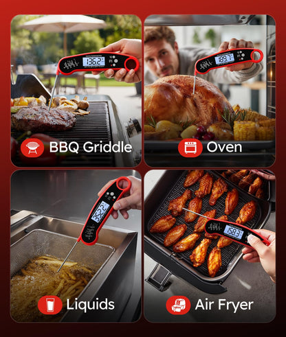Meat Thermometer Digital – Instant Read Food Thermometer for Grilling, BBQ, Air Fryer, Smoker, Candy Making with Foldable Probe, Kitchen Gadgets, BBQ Essentials, Gift for Dad Men Husband Him, Red