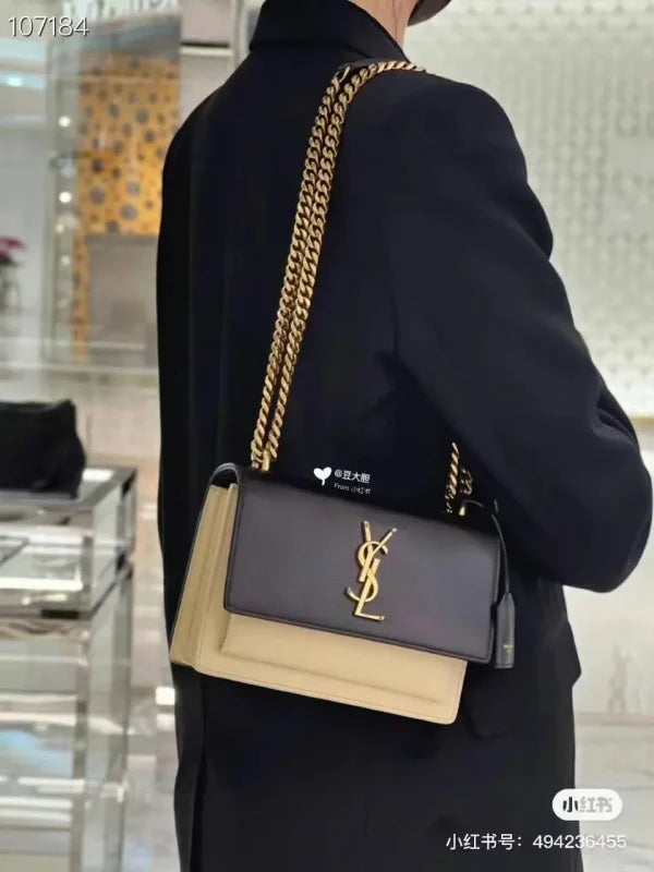 Saint Laurent Monogram Mini White & Black Leather Bag With Golden Chain