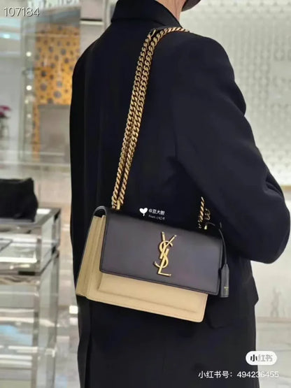 Saint Laurent Monogram Mini White & Black Leather Bag With Golden Chain