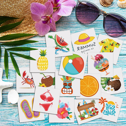 Summer Pool Beach Party Favors Kids Tattoos, 102 Styles Larger Tropical Hawaiian Luau Themed Temporary Tattoos for Kids Teens Adult, Waterproof Summer Stickers Party Decorations Supplies