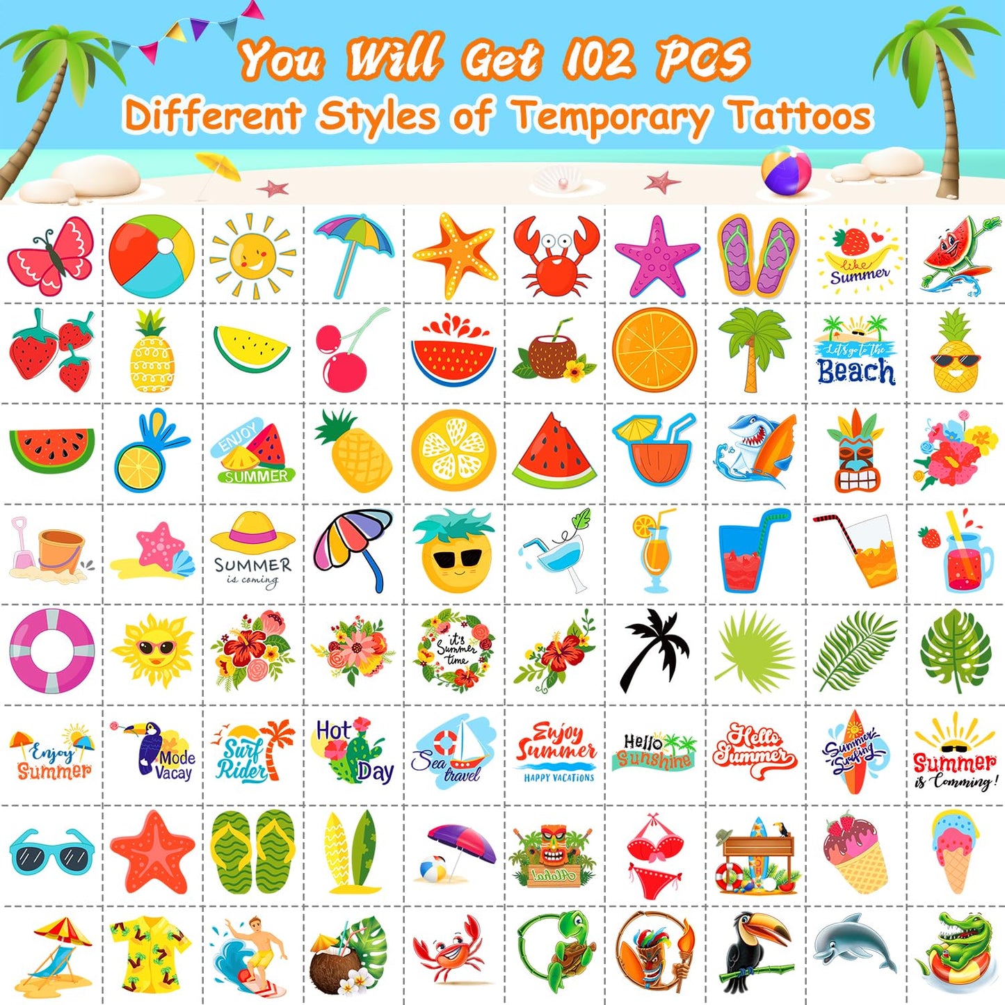 Summer Pool Beach Party Favors Kids Tattoos, 102 Styles Larger Tropical Hawaiian Luau Themed Temporary Tattoos for Kids Teens Adult, Waterproof Summer Stickers Party Decorations Supplies