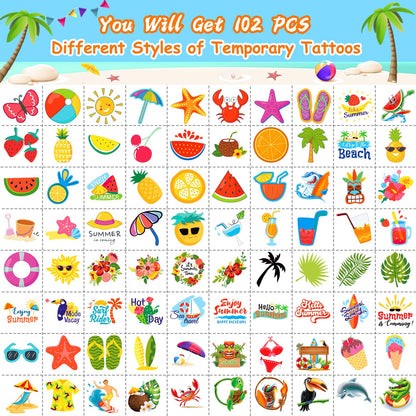 Summer Pool Beach Party Favors Kids Tattoos, 102 Styles Larger Tropical Hawaiian Luau Themed Temporary Tattoos for Kids Teens Adult, Waterproof Summer Stickers Party Decorations Supplies