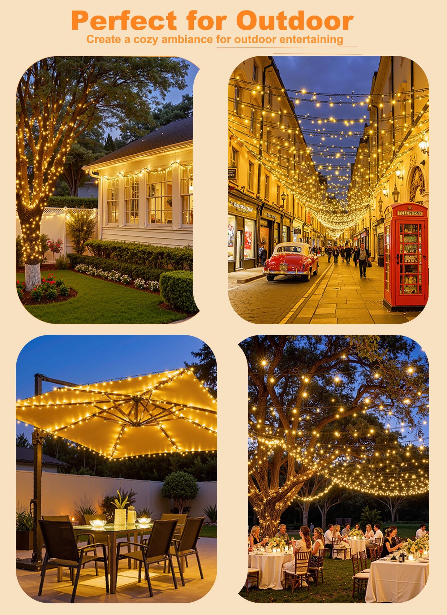 Minetom Solar String Lights Outdoor Waterproof- 40 FT 100 LED Solar Powered String Lights with 8 Lighting Modes, IP65 Waterproof Solar Christmas Lights for Outdoor Outside Tree Party Decor, Warm White
