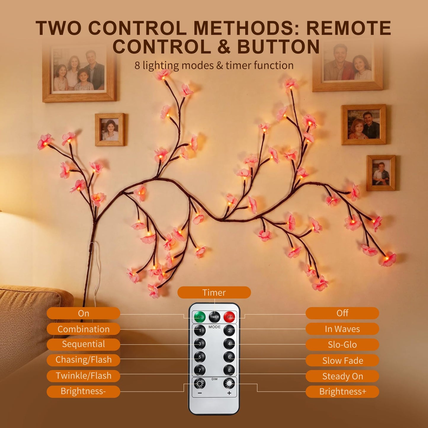 Cherry LED Blossom Lights Decor, 48 LED Cherry Enchanted Willow Vine Tree Branch Lights for Wall Art, 8 Lighting Modes, Whimsical Christmas Indoor Decorations for Home Living Room Door Window