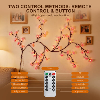 Cherry LED Blossom Lights Decor, 48 LED Cherry Enchanted Willow Vine Tree Branch Lights for Wall Art, 8 Lighting Modes, Whimsical Christmas Indoor Decorations for Home Living Room Door Window