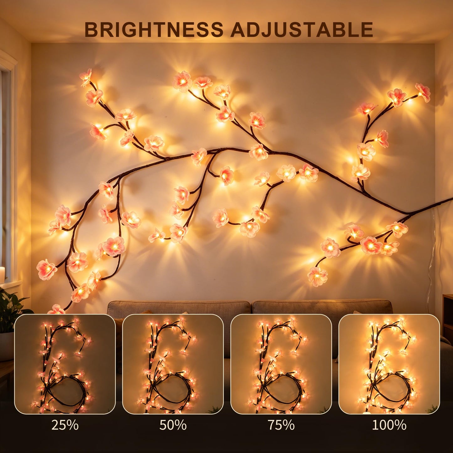 Cherry LED Blossom Lights Decor, 48 LED Cherry Enchanted Willow Vine Tree Branch Lights for Wall Art, 8 Lighting Modes, Whimsical Christmas Indoor Decorations for Home Living Room Door Window