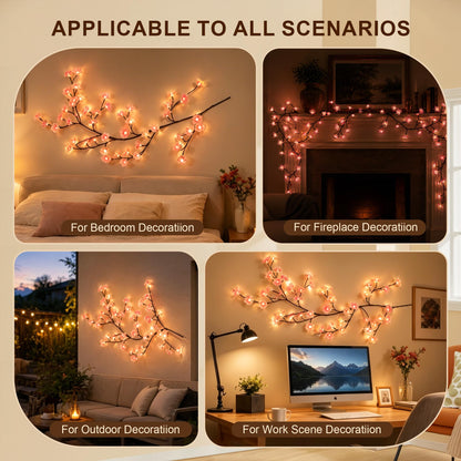Cherry LED Blossom Lights Decor, 48 LED Cherry Enchanted Willow Vine Tree Branch Lights for Wall Art, 8 Lighting Modes, Whimsical Christmas Indoor Decorations for Home Living Room Door Window
