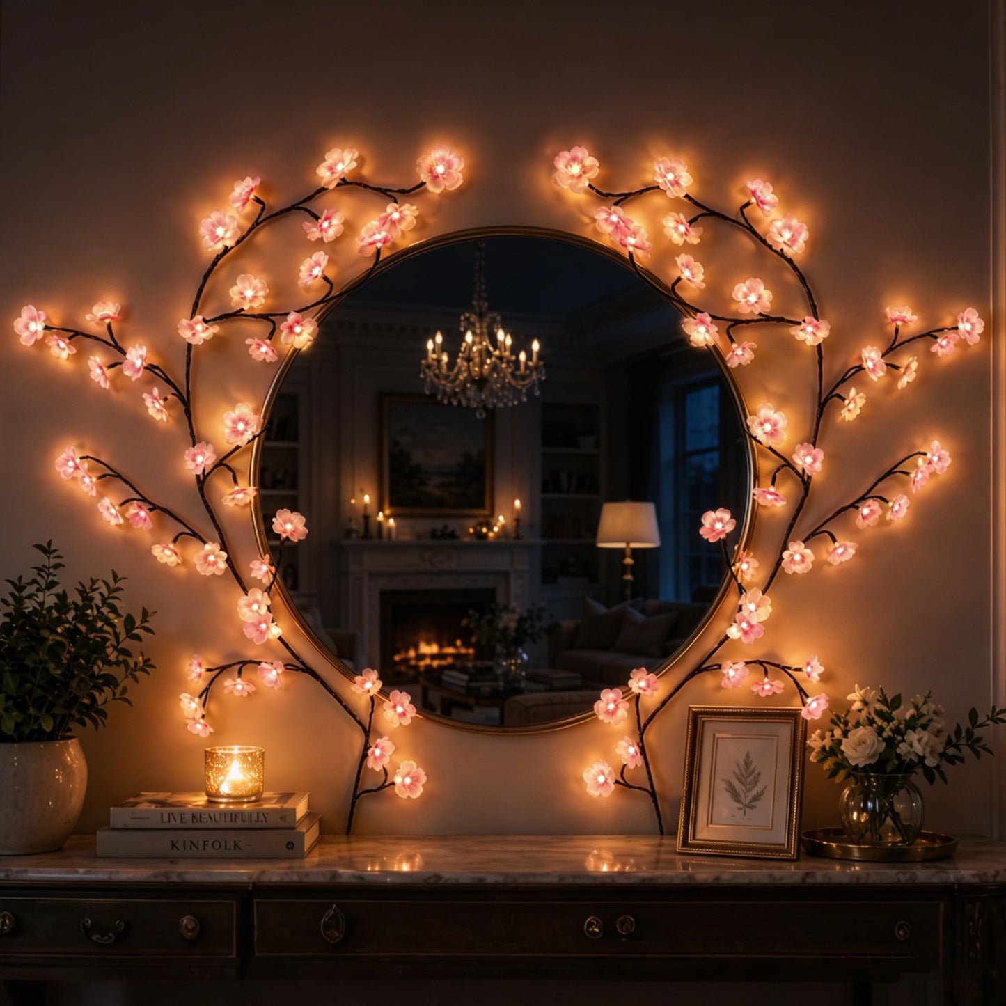 Cherry LED Blossom Lights Decor, 48 LED Cherry Enchanted Willow Vine Tree Branch Lights for Wall Art, 8 Lighting Modes, Whimsical Christmas Indoor Decorations for Home Living Room Door Window