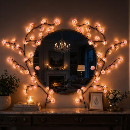 Cherry LED Blossom Lights Decor, 48 LED Cherry Enchanted Willow Vine Tree Branch Lights for Wall Art, 8 Lighting Modes, Whimsical Christmas Indoor Decorations for Home Living Room Door Window