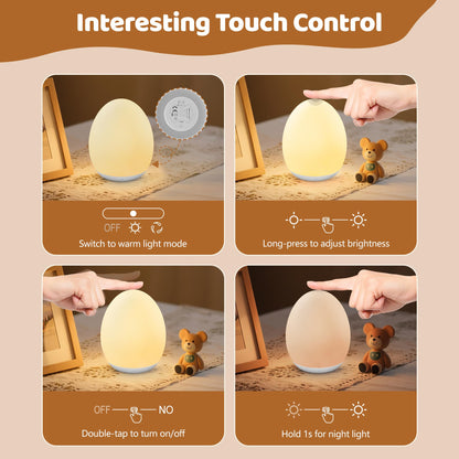 Night Light for Kids, Baby Egg Light for Nursery, 7 Colors Changing & Stepless Dimming, Soft Silicone Touch Night Lamp with 1 Hour Timer, Rechargeable Nursery Night for Breastfeeding