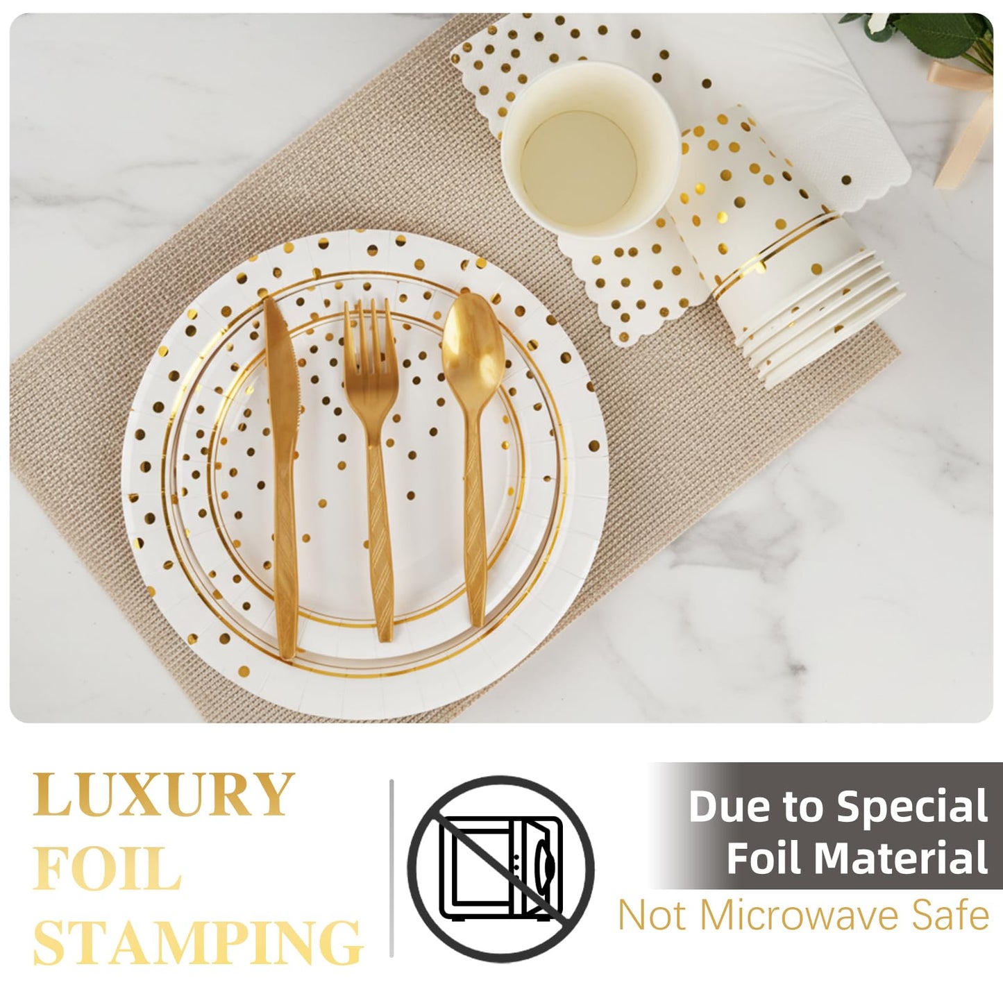 168 Pcs Paper Plates and Napkins Party Supplies, White and Gold Disposable Plates for 24 Guests, Golden Dot Party Plates, Napkins, Cups and Utensils Set for Birthday Wedding Graduation Party Decor