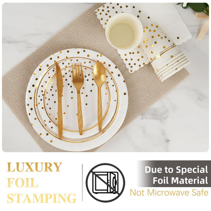 168 Pcs Paper Plates and Napkins Party Supplies, White and Gold Disposable Plates for 24 Guests, Golden Dot Party Plates, Napkins, Cups and Utensils Set for Birthday Wedding Graduation Party Decor