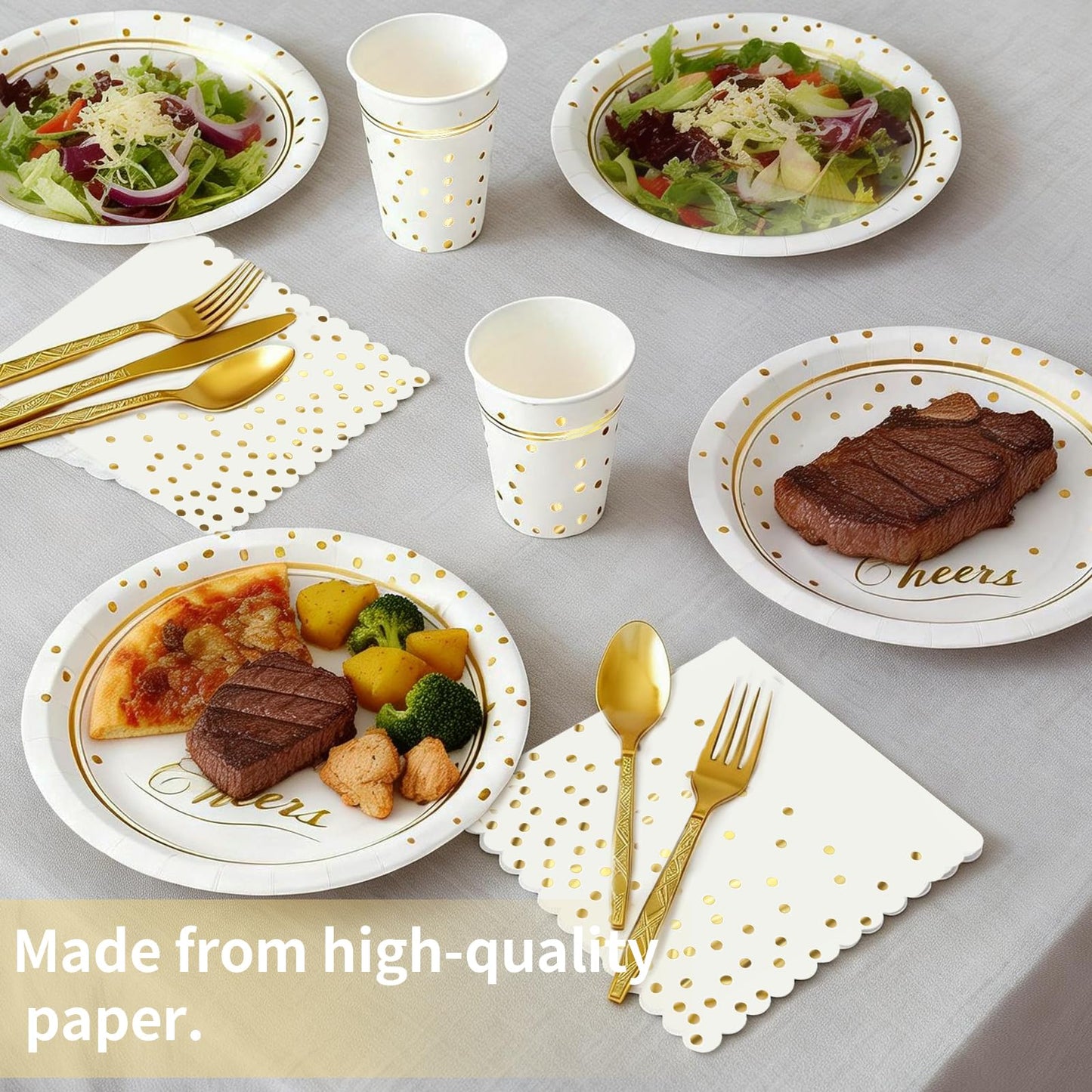 168 Pcs Paper Plates and Napkins Party Supplies, White and Gold Disposable Plates for 24 Guests, Golden Dot Party Plates, Napkins, Cups and Utensils Set for Birthday Wedding Graduation Party Decor