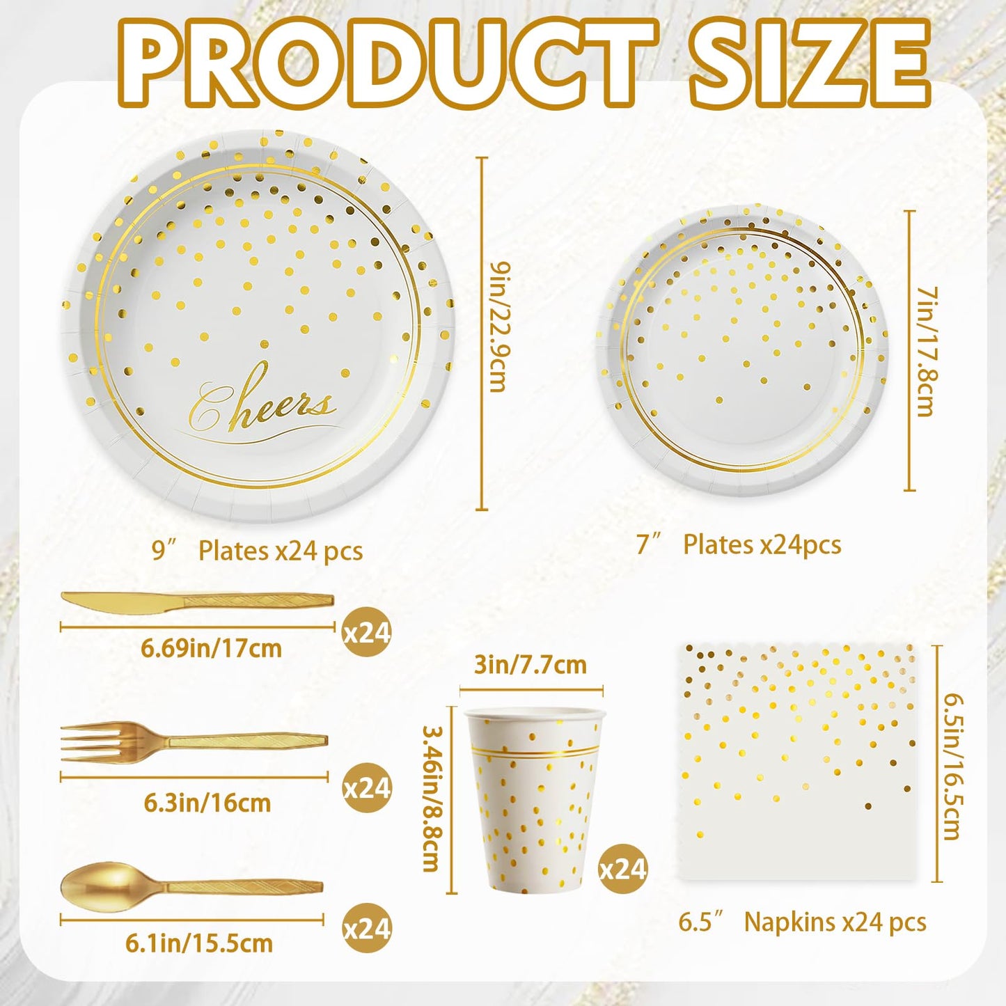 168 Pcs Paper Plates and Napkins Party Supplies, White and Gold Disposable Plates for 24 Guests, Golden Dot Party Plates, Napkins, Cups and Utensils Set for Birthday Wedding Graduation Party Decor