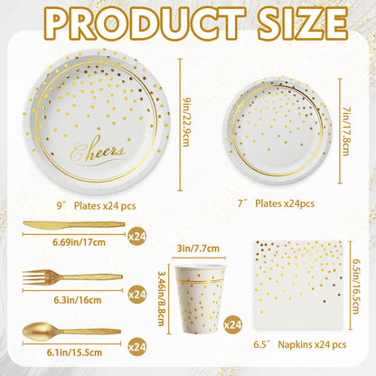 168 Pcs Paper Plates and Napkins Party Supplies, White and Gold Disposable Plates for 24 Guests, Golden Dot Party Plates, Napkins, Cups and Utensils Set for Birthday Wedding Graduation Party Decor