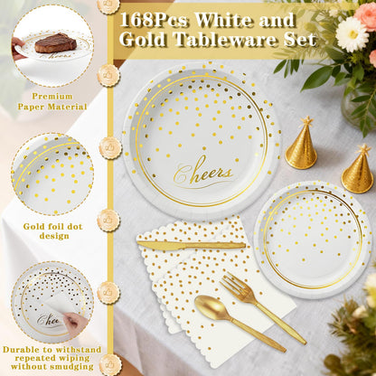 168 Pcs Paper Plates and Napkins Party Supplies, White and Gold Disposable Plates for 24 Guests, Golden Dot Party Plates, Napkins, Cups and Utensils Set for Birthday Wedding Graduation Party Decor