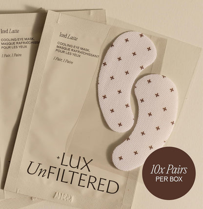 + Lux Unfiltered Iced Latte Cooling Under Eye Patches - Anti-Slip Caffeine Infused Korean Eye Mask - Reduces Puffiness, Brightens & Hydrates - Niacinamide & Hyaluronic Acid - Vegan - 10 Pairs