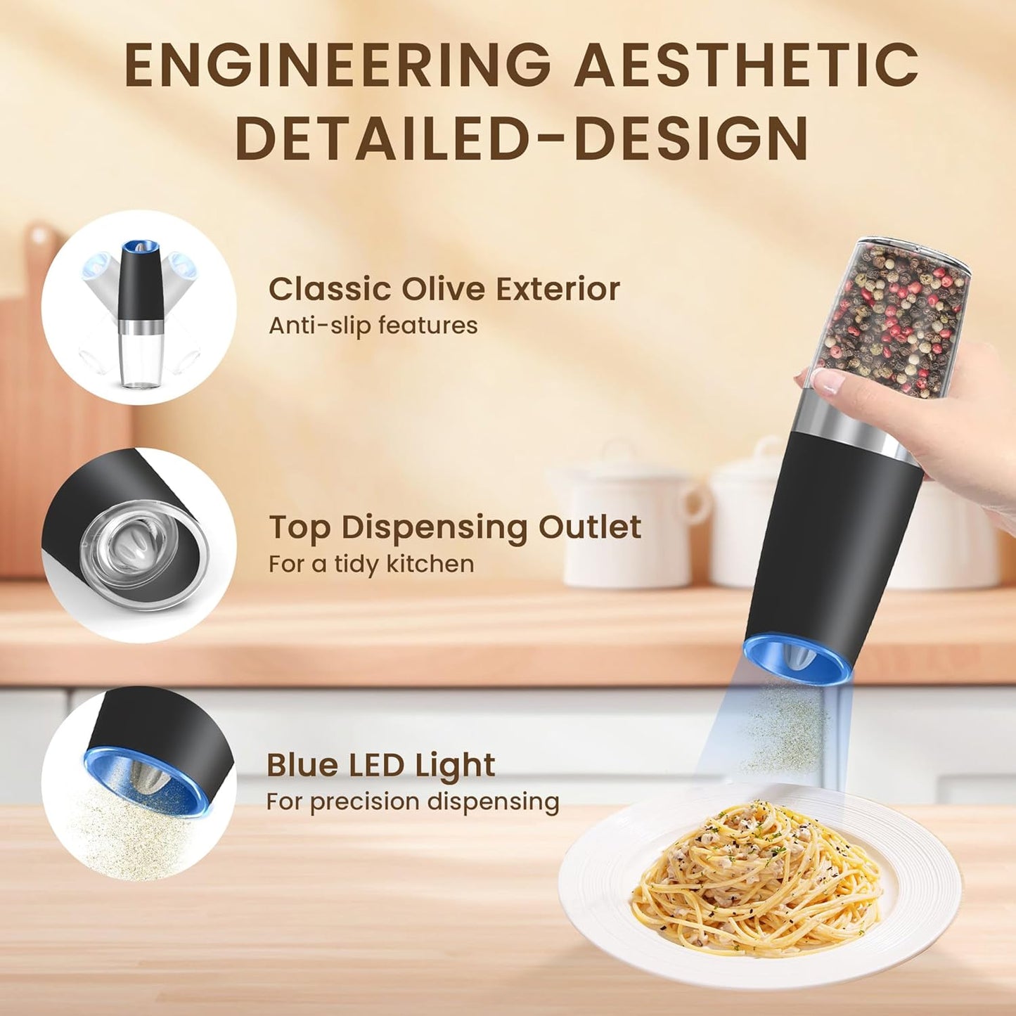 Gravity Electric Salt And Pepper Grinder Set, Automatic Salt And Pepper Grinder Set, Battery Powered (6 AAA Batteries Each), Adjustable Roughness, LED Light, 2 Pack, (Black)