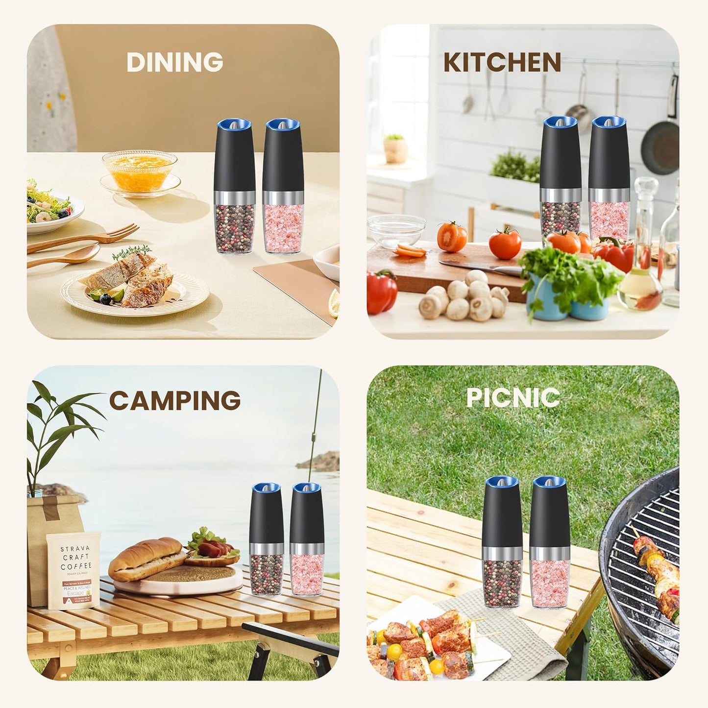 Gravity Electric Salt And Pepper Grinder Set, Automatic Salt And Pepper Grinder Set, Battery Powered (6 AAA Batteries Each), Adjustable Roughness, LED Light, 2 Pack, (Black)