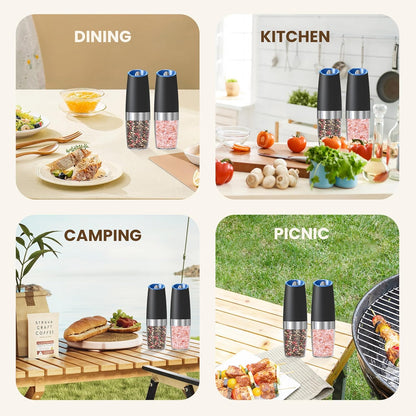 Gravity Electric Salt And Pepper Grinder Set, Automatic Salt And Pepper Grinder Set, Battery Powered (6 AAA Batteries Each), Adjustable Roughness, LED Light, 2 Pack, (Black)