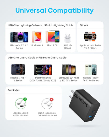 Anker iPhone Charger, 2-Pack 20W Fast USB C Charger Block, Type C Charger Fast Charging for iPhone 17/17 Pro Max/16 Series/iPad Pro and More (Black, 2 Pack & 2 Cable)