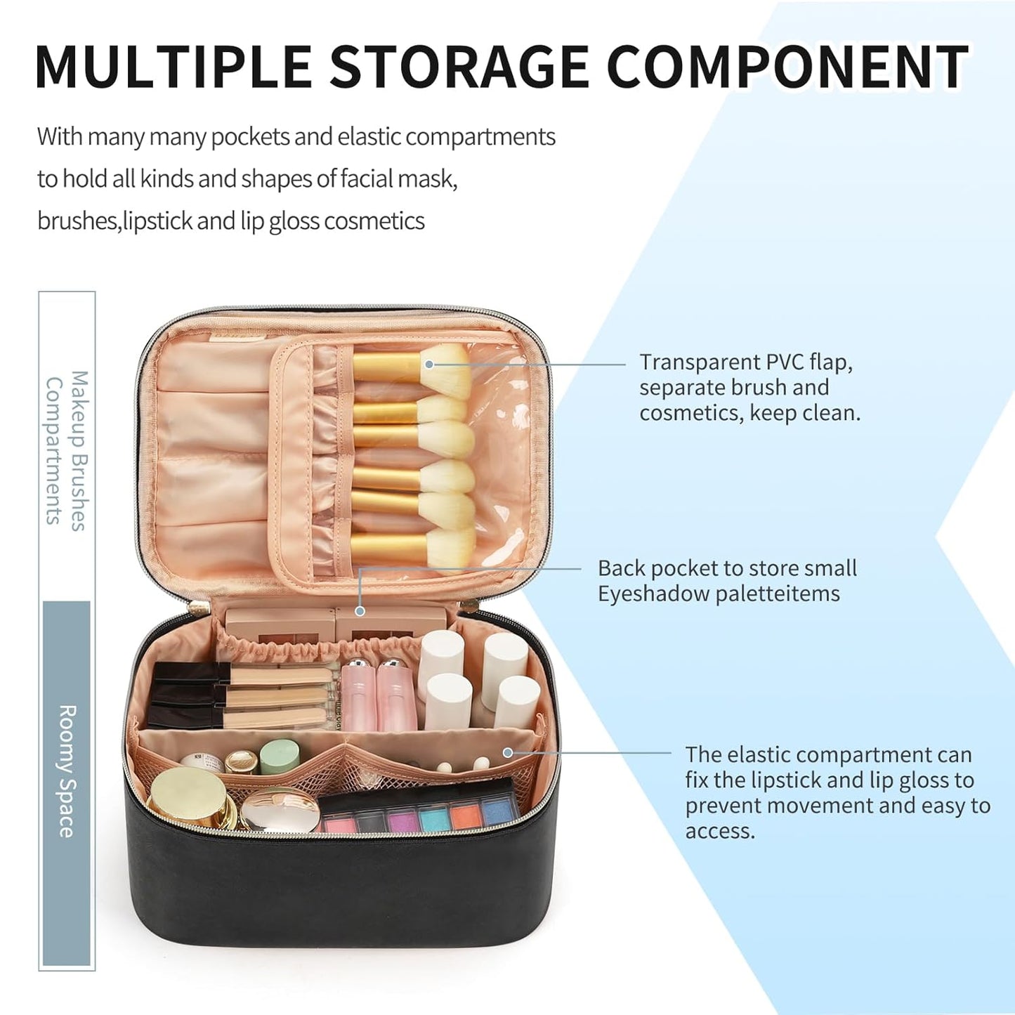 Makeup Bag, Portable Cosmetic Bag, Large Capacity Travel Makeup Case Organizer, Black For Women Toiletry Bag for Girls Traveling With Handle and Divider