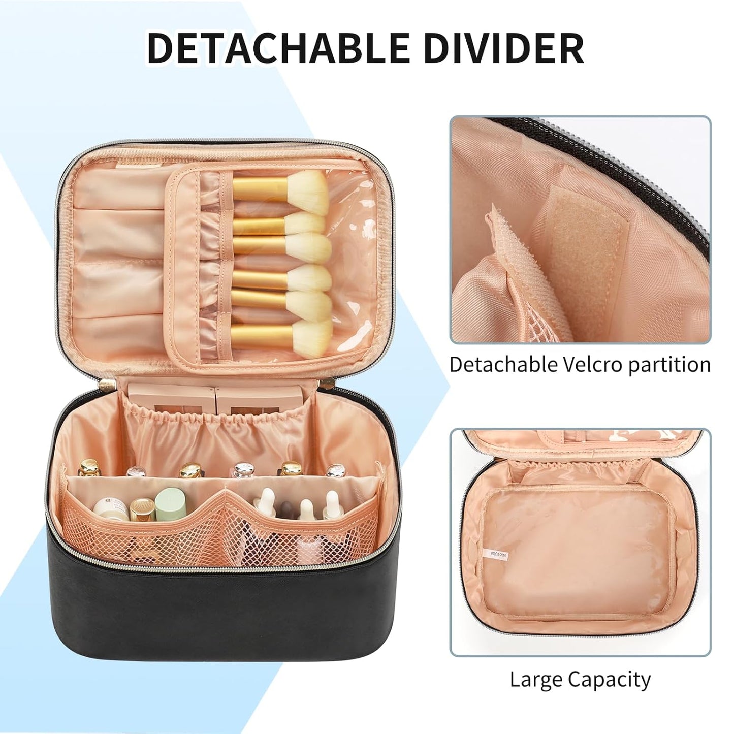 Makeup Bag, Portable Cosmetic Bag, Large Capacity Travel Makeup Case Organizer, Black For Women Toiletry Bag for Girls Traveling With Handle and Divider