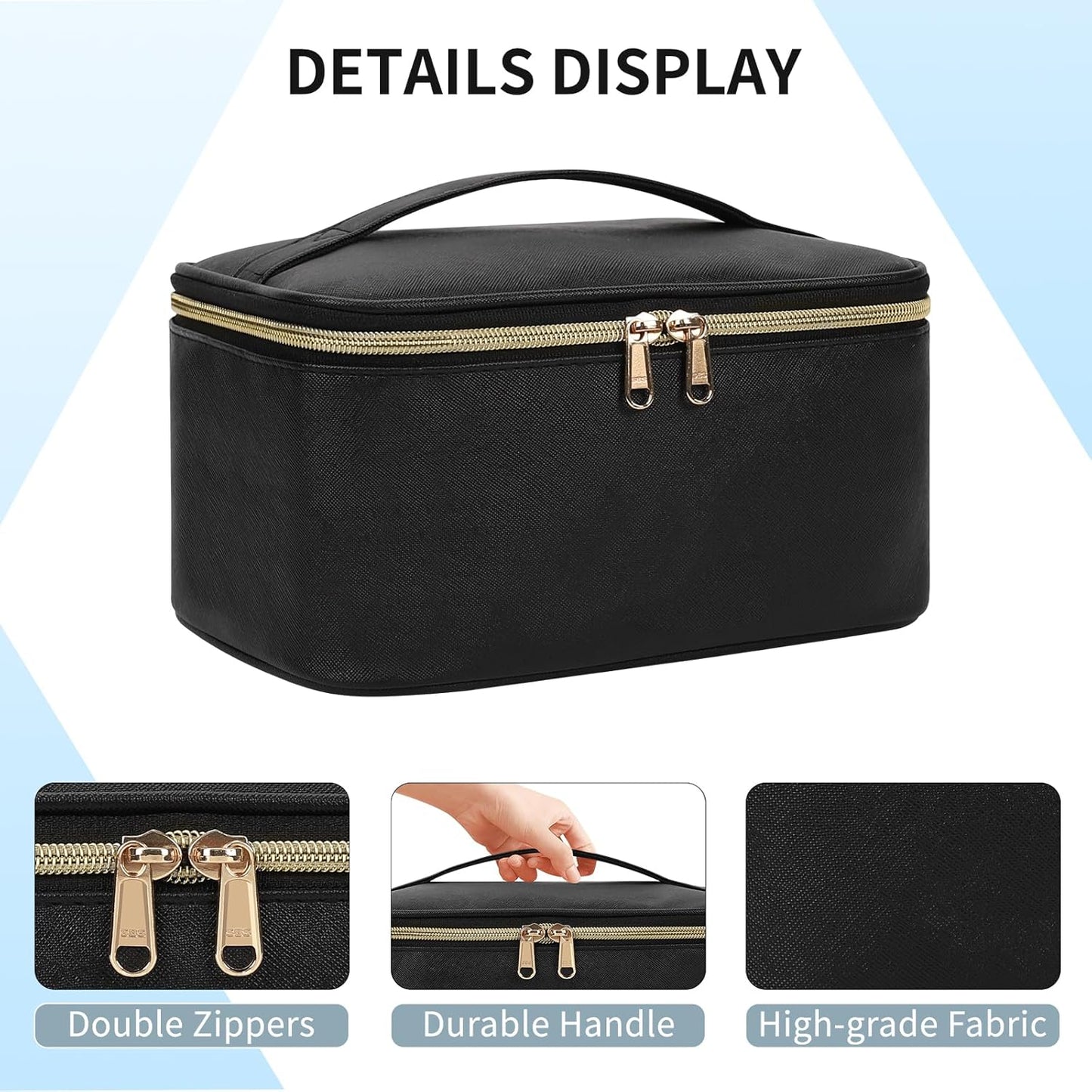 Makeup Bag, Portable Cosmetic Bag, Large Capacity Travel Makeup Case Organizer, Black For Women Toiletry Bag for Girls Traveling With Handle and Divider