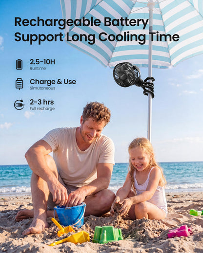Gaiatop Mini Portable Stroller Fan, Battery Operated Small Clip on, Detachable 3 Speed Rechargeable, 360° Rotate Flexible Tripod Better Cooling for Car Seat Crib Treadmill Travel Black