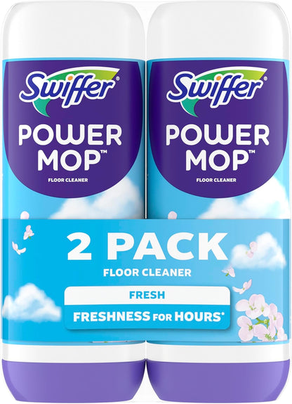Swiffer PowerMop Liquid Floor Cleaner Refills, Solution for Power Mop, Fresh Scent, 2 Count Mopping Fluid Replacement Bottle, Spray Mops Cleaning Juice, No Bucket Needed, Multi-Surface and Wood