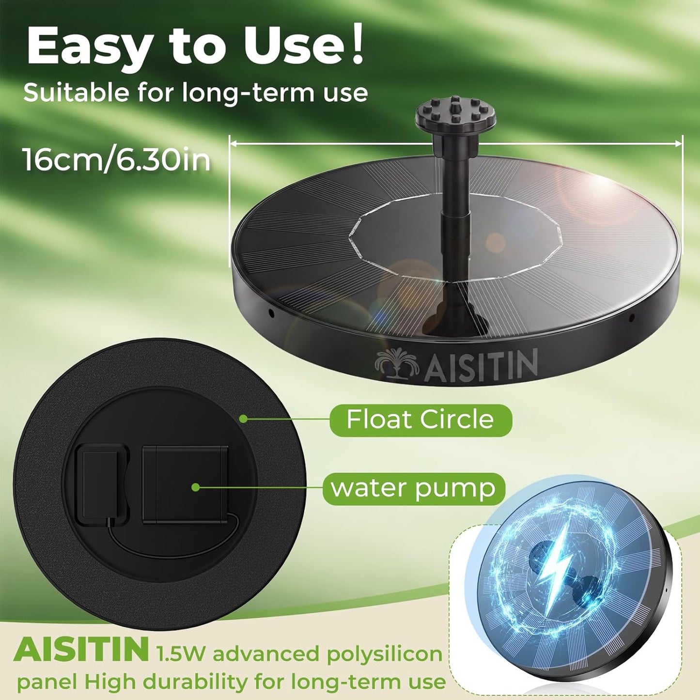 AISITIN Solar Bird Bath Fountain with 6 Nozzles, Solar Powered Floating Water Fountain Pump for Bird Bath, Pond, Pool, Garden, Fish Tank and Outdoor