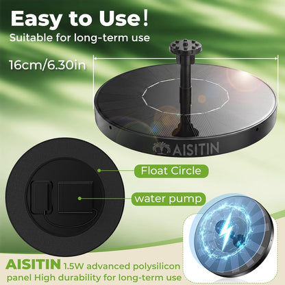 AISITIN Solar Bird Bath Fountain with 6 Nozzles, Solar Powered Floating Water Fountain Pump for Bird Bath, Pond, Pool, Garden, Fish Tank and Outdoor