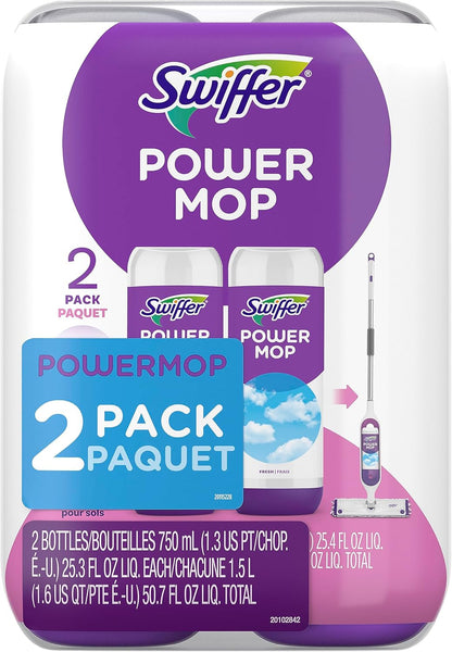 Swiffer PowerMop Liquid Floor Cleaner Refills, Solution for Power Mop, Fresh Scent, 2 Count Mopping Fluid Replacement Bottle, Spray Mops Cleaning Juice, No Bucket Needed, Multi-Surface and Wood