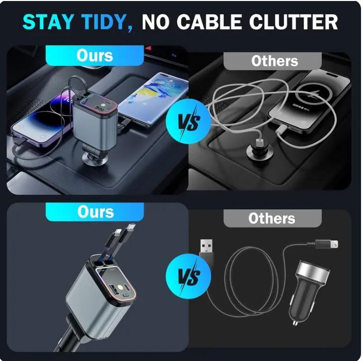 Car Charger with Starlight 4 in 1 Retractable 66W USB C Fast Charging for iPhone 12 13 14 15 16 17 & Android Devices with 2 USB Ports and 180-Degree Plug