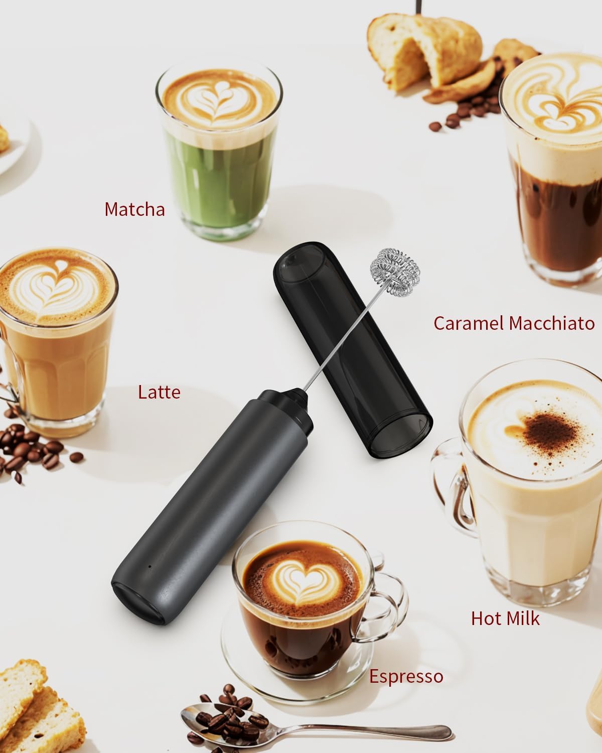 CIRCLE JOY Rechargeable Milk Frother Hanheld, Dual Coil Whisk Head Electric Coffee Frother, Portable Hand Frother Wand Drink Mixer for Matcha Lattes Cappuccino, Kitchen Gifts, Black