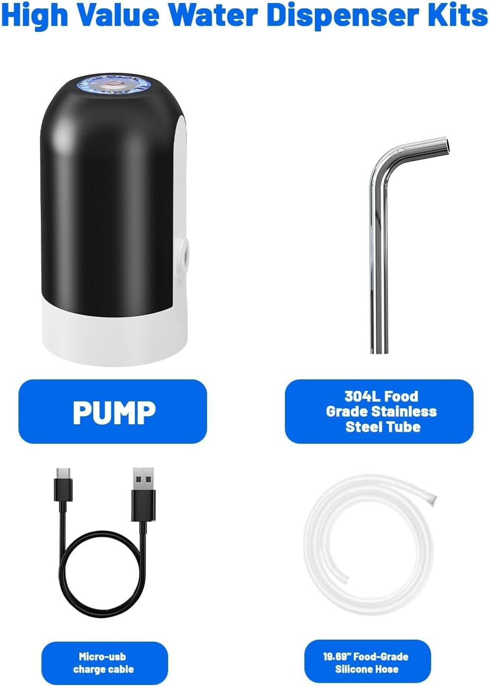 Myvision Water Dispenser for 5 Gallon Bottle, Portable USB Charging Electric Water Pump, Drinking Water Jug Pump for Home, Kitchen, Living Room, Office, Camping, Universal for 3-5 Gallon (Black)