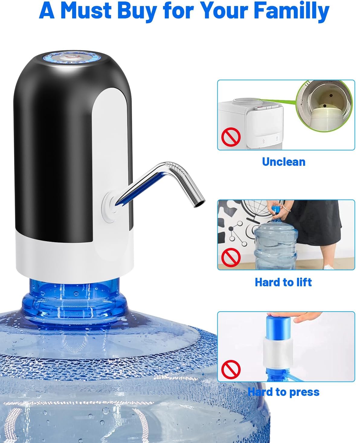 Myvision Water Dispenser for 5 Gallon Bottle, Portable USB Charging Electric Water Pump, Drinking Water Jug Pump for Home, Kitchen, Living Room, Office, Camping, Universal for 3-5 Gallon (Black)