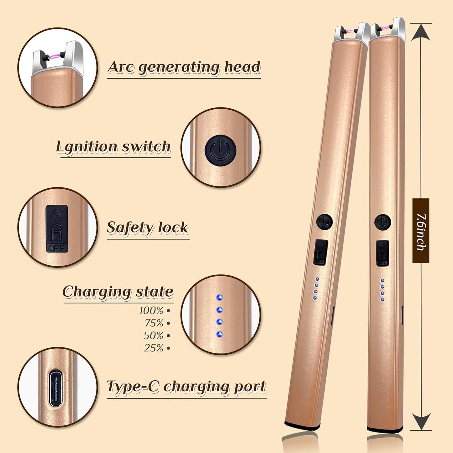2 PCS Candle Lighter,Windproof Flameless Electric Lighter with LED Power Display ＆ Safety Switch, Upgraded Plasma USB Rechargeable Lighters for Birthday Camping BBQ (Champagne Gold)