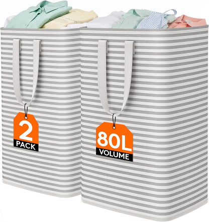 Lifewit 2 Pack Laundry Basket 80L Each, Collapsible Clothes Hamper with Reinforced Handles, Freestanding Waterproof Design for Bedroom and Laundry Room, Grey 160L Total