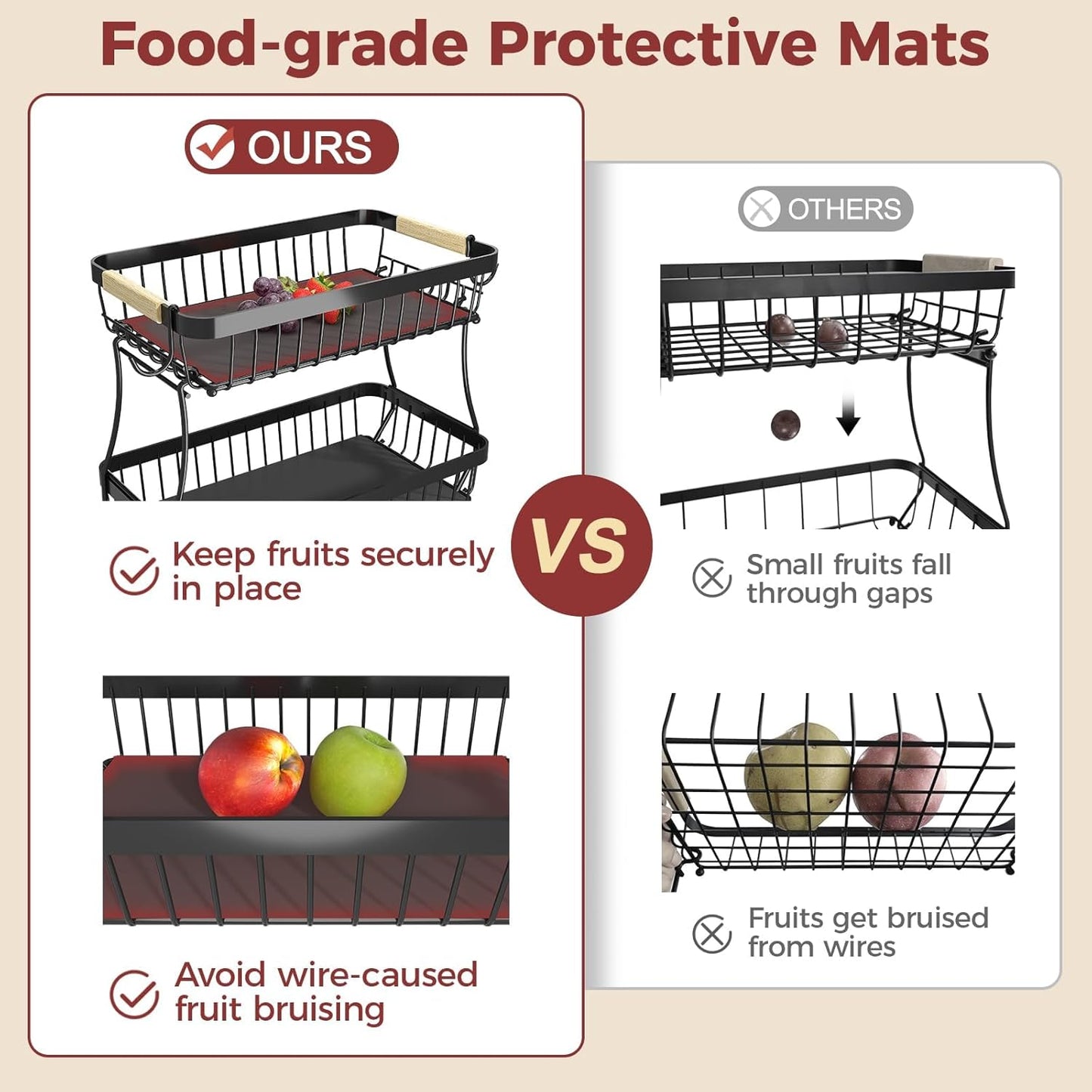 2 Tier Large Fruit Basket for Kitchen Counter with 2 Mobile Banana Hangers, 2026 Pro Detachable Metal Fruit Bowl with Wooden Handle, Fruit Holder for Bread Snack Veggies with Protective Mats