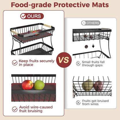 2 Tier Large Fruit Basket for Kitchen Counter with 2 Mobile Banana Hangers, 2026 Pro Detachable Metal Fruit Bowl with Wooden Handle, Fruit Holder for Bread Snack Veggies with Protective Mats