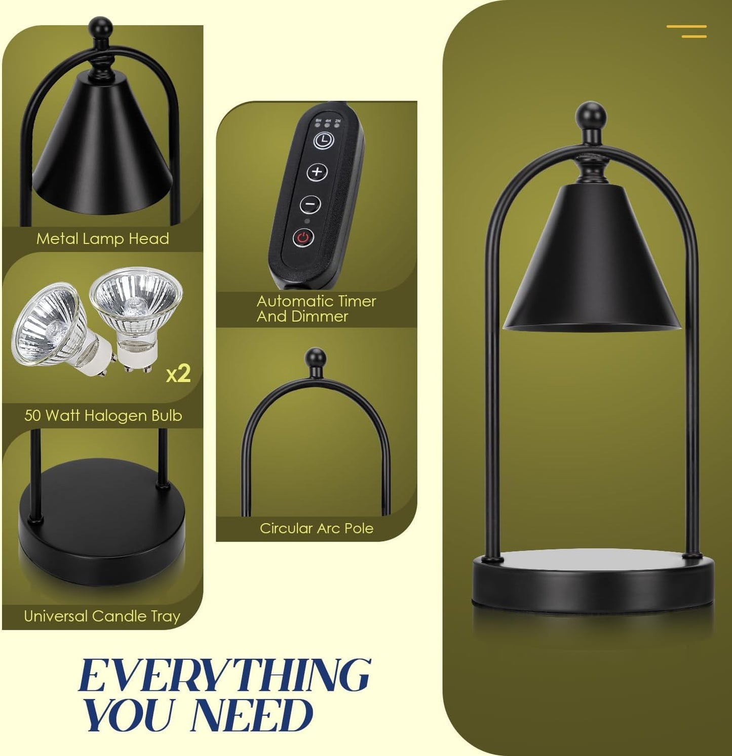 Candle Warmer Lamp with Timer, Electric Black Candle Warming Light for Bedroom, Dimmable Wax Melts Warmer for Home Decor Beside Lamp Gifts for Women (2 Bulbs Included)