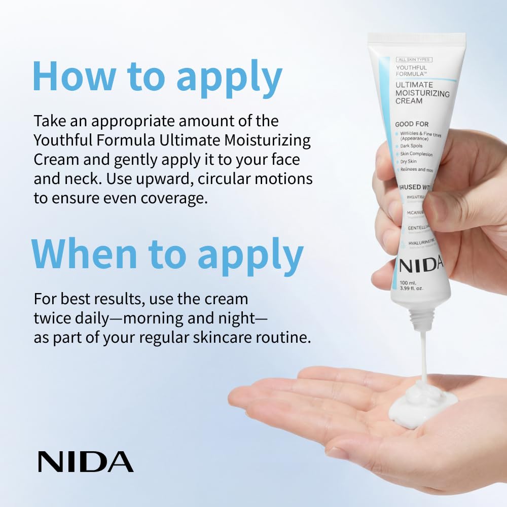NIDA Youthful Formula™ Ultimate Moisturizing Cream | Centella Asiatica, Niacinamide, Hyaluronic Acid, Collagen | Wrinkles, Fine Lines, Dark Spots, Dry Skin, Redness | 3.38 fl. oz., 100ml